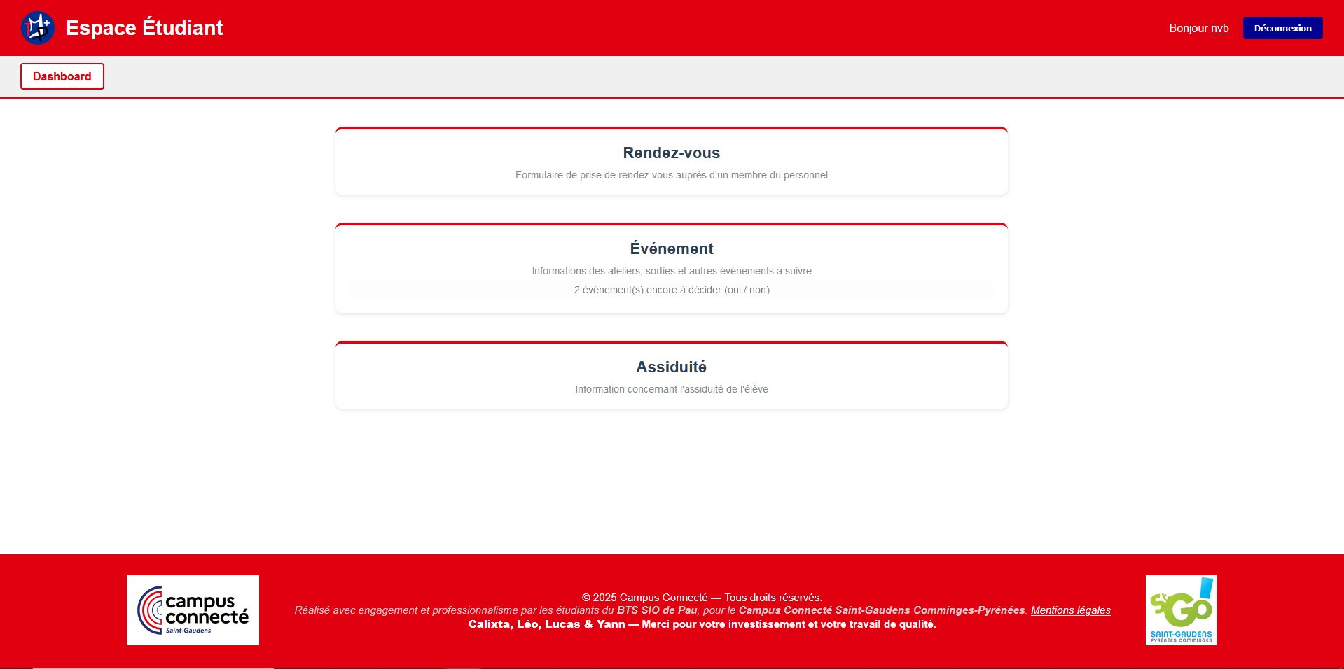 Dashboard espace étudiant