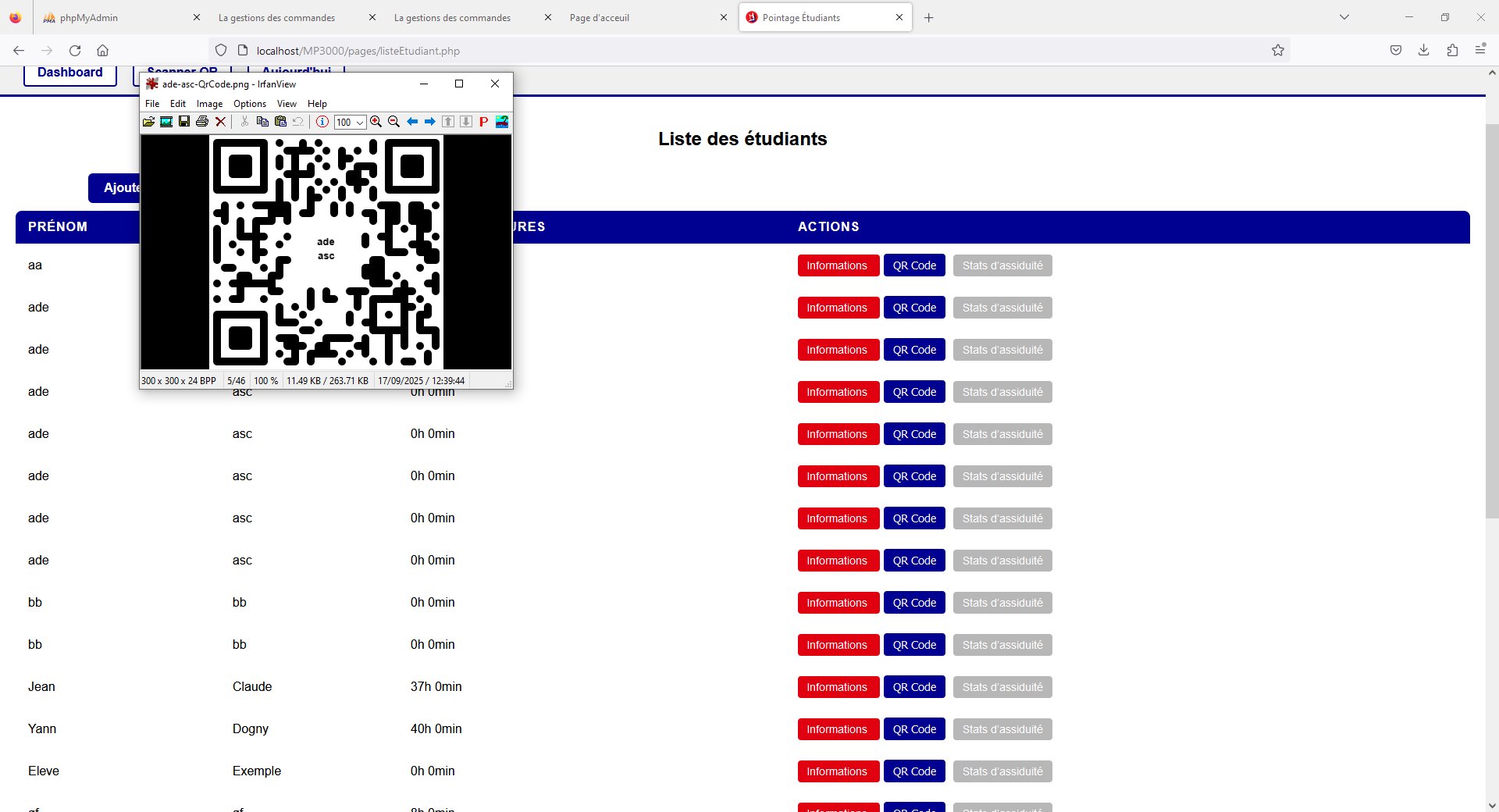 Liste des étudiants avec QR Code